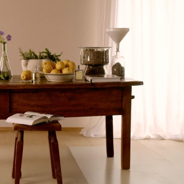 Wooden table with a book, lemons, and a plant in a room with light-colored walls and floor.