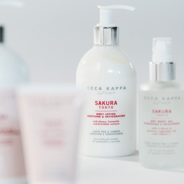 Acca Kappa Sakura Tokyo body lotion bottle on a light grey background