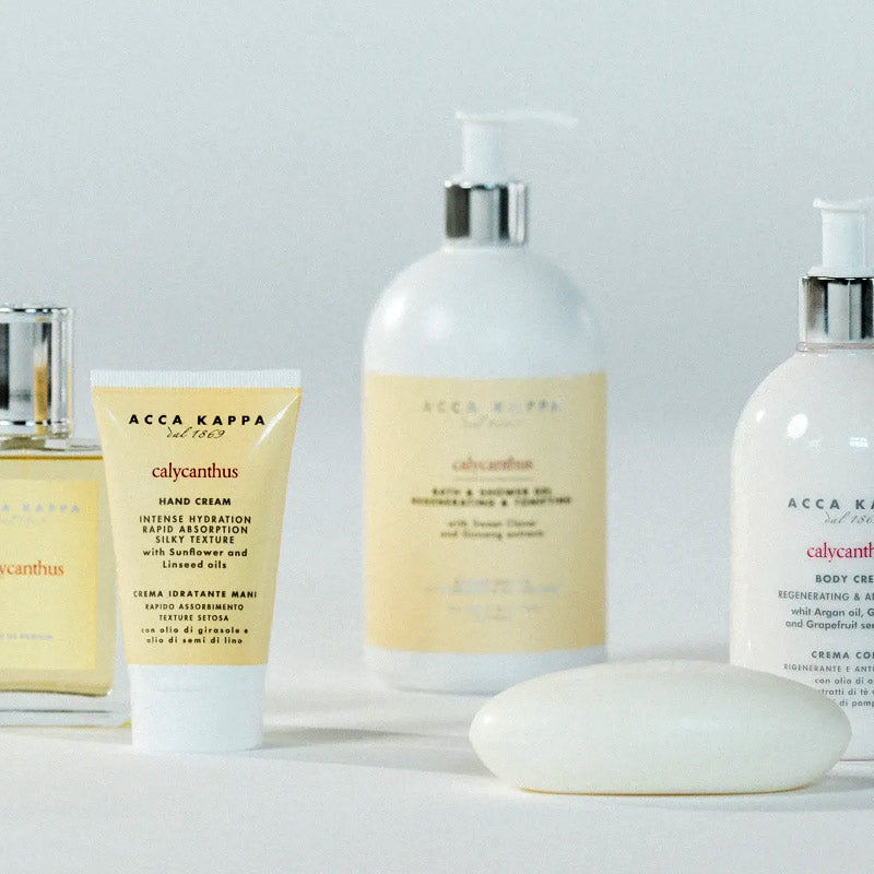 Acca Kappa Calycanthus body care products including a cream, lotion, and soap