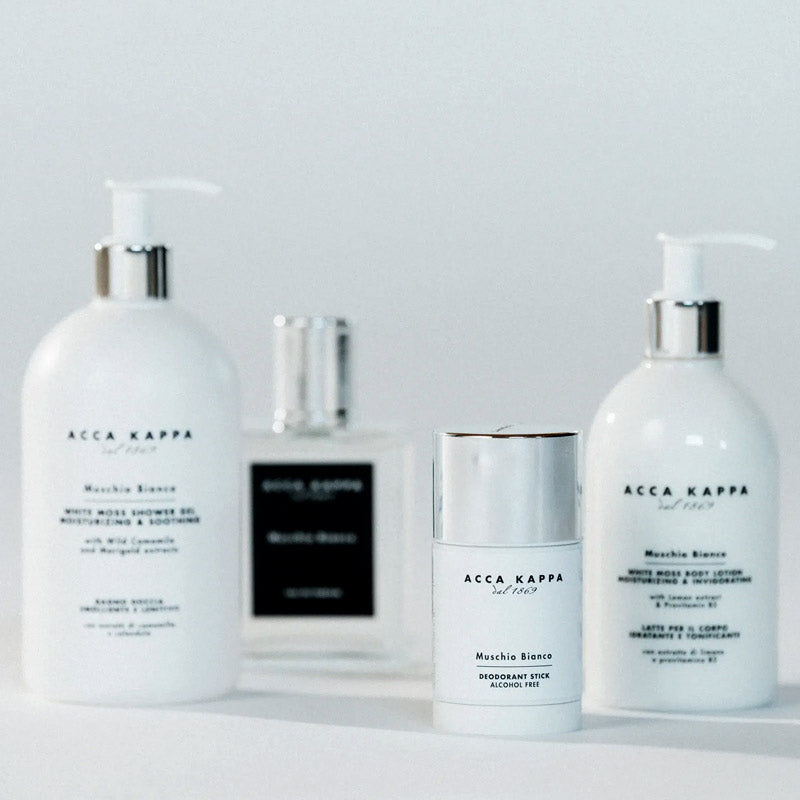 Acca Kappa White Moss collection products including shower gel, body lotion, and deodorant